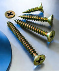 No Sweat 385 Piece Flat Head Wood And Self Tapping Metal Screw Set With Yellow Zinc Galvanized Coating And Drywall Plastic Anchors for tough repairs, showing assorted screws.