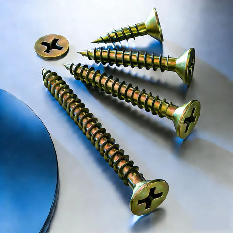 No Sweat 385 Piece Flat Head Wood And Self Tapping Metal Screw Set With Yellow Zinc Galvanized Coating And Drywall Plastic Anchors for tough repairs, showing assorted screws.