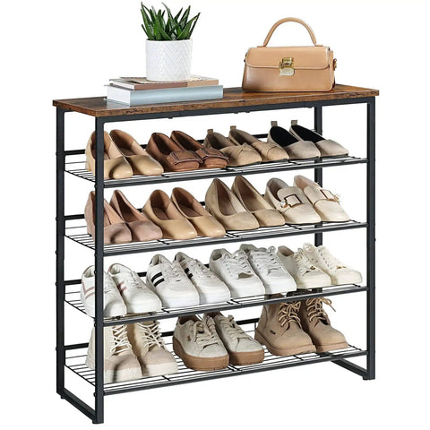 Five Tier Shoe Rack Organizer For Entryway With Adjustable Tilt And Feet Holds 16 Through 20 Pairs Rustic Brown And Black Space Saver