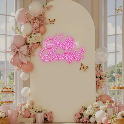 Hello Beautiful Pink Neon Sign For Wall Decor LED Neon Light for weddings with flowers and balloons backdrop