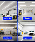 Collage of 30W 2Ft LED Shop Light 3500 Lumens 6500K in parking lot, garages, workbench, and repair shop settings
