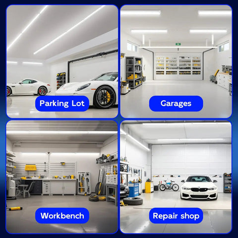 Collage of 30W 2Ft LED Shop Light 3500 Lumens 6500K in parking lot, garages, workbench, and repair shop settings