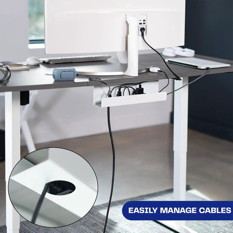 Under Desk Cable Management Tray For A Clean Home Office, 16.5 Inch Cord Organizer in use under an office desk concealing cables.