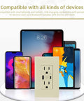 USB C Outlet With 24W Power Delivery And USB A Port 125V Tamper Resistant Receptacle 15 Amp Screwless Wall Plate UL Listed Ivory Finish Dual Port Fast Charging Wall Outlet Pack Of 10, shown with various device compatibility