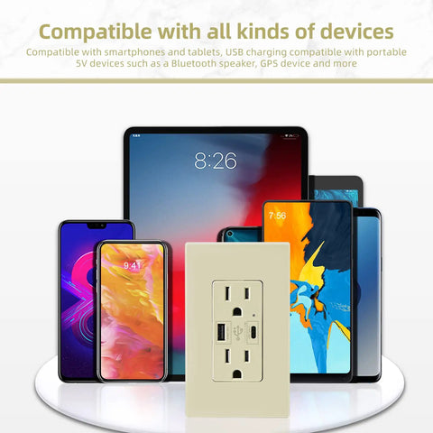 USB C Outlet With 24W Power Delivery And USB A Port 125V Tamper Resistant Receptacle 15 Amp Screwless Wall Plate UL Listed Ivory Finish Dual Port Fast Charging Wall Outlet Pack Of 10, shown with various device compatibility