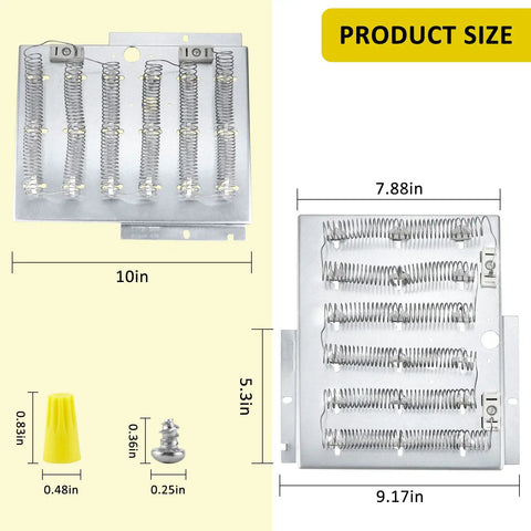 Replacement Dryer Heating Element 61927 503978 dimensions and components, compatible with Amana ADE3SRGS173TW01, ADE3LRGS171TW01.