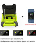 AED trainer XFT-120G CPR training device in neon yellow; front view with lid open and display, blue wristband not included