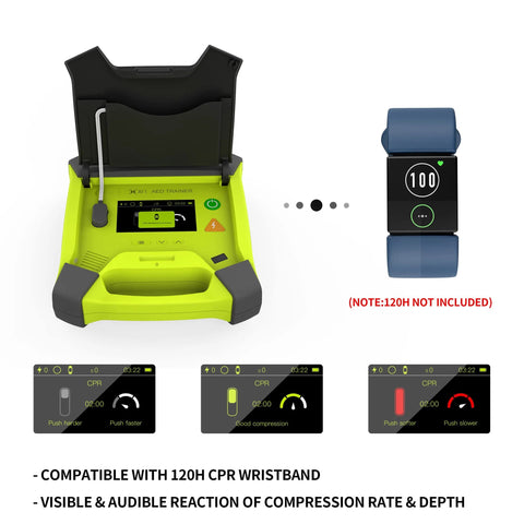 AED trainer XFT-120G CPR training device in neon yellow; front view with lid open and display, blue wristband not included