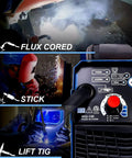 Beast 140 Amp Flux Core MIG Welder 3 In 1 MIG MMA Lift TIG With 110 220 Volt IGBT Inverter showing control panel and welding methods