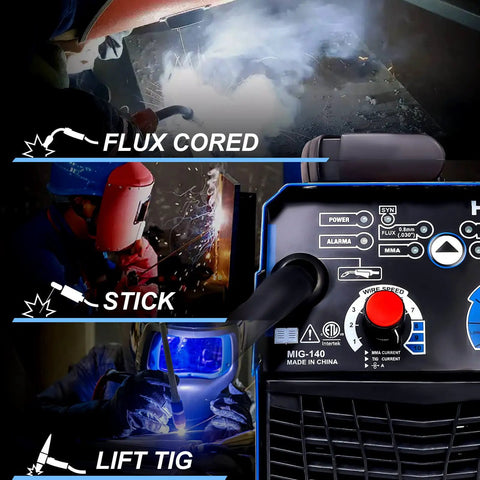 Beast 140 Amp Flux Core MIG Welder 3 In 1 MIG MMA Lift TIG With 110 220 Volt IGBT Inverter showing control panel and welding methods