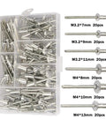 Assorted Blind Rivets Kit 120 Pcs M3.2 and M4 Aluminum Dome Head Pop Rivets for Furniture and Metalwork shown in open case.