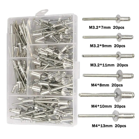 Assorted Blind Rivets Kit 120 Pcs M3.2 and M4 Aluminum Dome Head Pop Rivets for Furniture and Metalwork shown in open case.