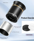 1.25 Inch HD Fully Multi Coated Eyepiece with 66 Degree Ultra Wide Angle, showing eyecup, barrel diameter, and dust covers.