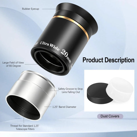 1.25 Inch HD Fully Multi Coated Eyepiece with 66 Degree Ultra Wide Angle, showing eyecup, barrel diameter, and dust covers.