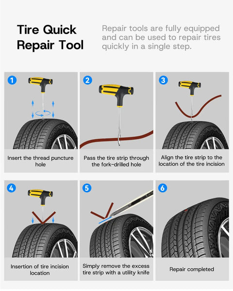 Tire Quick Repair Tool steps showing tire repair process with puncture tool and tire strip for easy flat fixes.
