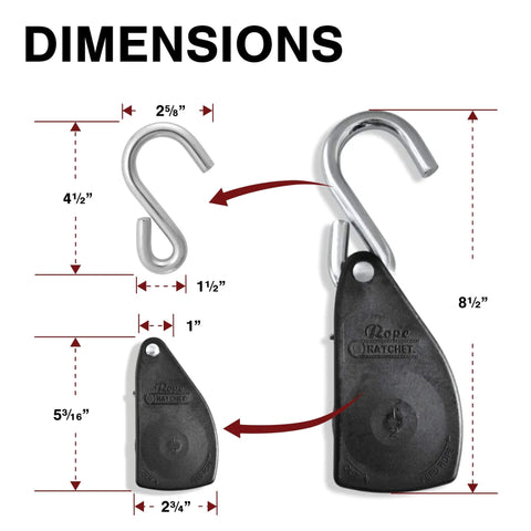 Dimensions of Heavy Duty Rope Ratchet 1/2 Inch With Locking Pulley Adjustable Hanger for grow lights and camping