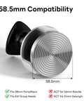 Pro Grade 58.5mm Espresso Tamper With 25Lb Constant Pressure Spring Loaded System, silver base, compatibility guide shown