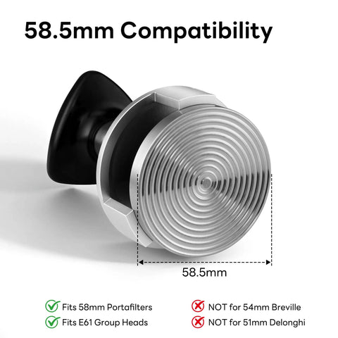 Pro Grade 58.5mm Espresso Tamper With 25Lb Constant Pressure Spring Loaded System, silver base, compatibility guide shown