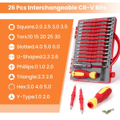 26-piece CR-V bit set and case for 1000V Insulated Electrician Screwdriver Set With Case All In One 26 In 1 Magnetic Bit Kit