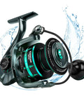 Kapstan Elite High Speed Saltwater Spinning Reel Size 3000 front view with water splash, highlighting 100 Percent Waterproof IPX6