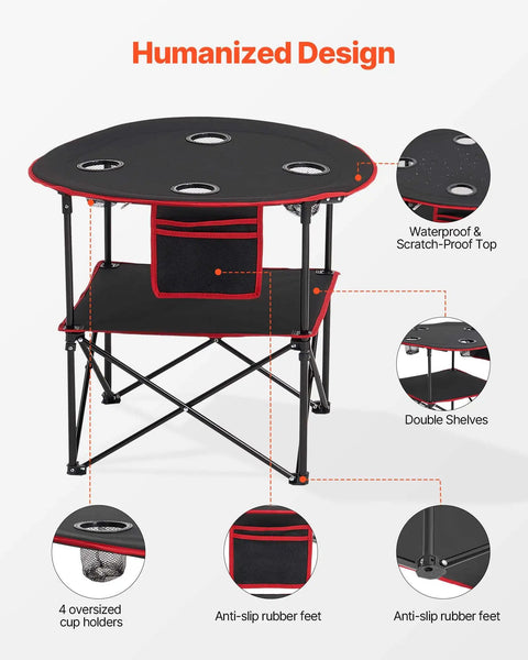 Diagram of Folding Camping Table For Outdoor Adventures Portable Lightweight Picnic Table With 66 Lb Capacity Waterproof 600D Oxford Fabric Four Cup Holders Carry Bag Tailgating Camping Beach Trips, highlighting features like waterproof top, double shelves, and cup holders.