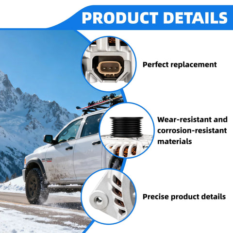 Truck in snowy mountains; circular insets of alternator's plug, grooves, casing with focus keyword Drop In 12V 150A Beefed Up Alternator Replacement For Nissan Murano Pathfinder Infiniti JX35 QX60 Direct Fit 23100-3JA1A Compatibility With 11538N 11538 23100-3JA1ARE A003TJ3991.