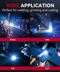 Auto Darkening Welding Helmet With LED Light Solar Powered True Color Lens Top Optical Clarity Four Arc Sensors Wide Shade Range Four To Thirteen For Stick MIG TIG Cut Comfortable Headgear For Pro Welders showing applications for stick, MIG, TIG, and cutting.