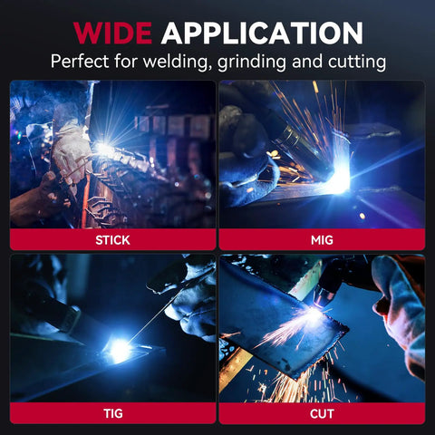 Auto Darkening Welding Helmet With LED Light Solar Powered True Color Lens Top Optical Clarity Four Arc Sensors Wide Shade Range Four To Thirteen For Stick MIG TIG Cut Comfortable Headgear For Pro Welders showing applications for stick, MIG, TIG, and cutting.