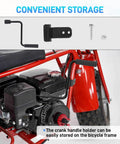 Convenient storage for upgraded crank-handle pull start recoil starter assembly on mini bike frame