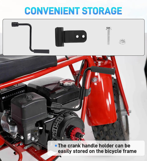 Convenient storage for upgraded crank-handle pull start recoil starter assembly on mini bike frame