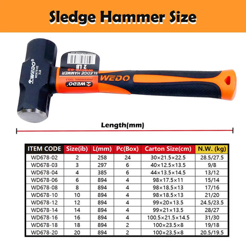 2 Pound Sledge Hammer With Fiberglass Handle For Heavy Duty Jobs, Shock Resistant, Non Slip Grip, Die Forged High Carbon Steel Head, Orange Finish