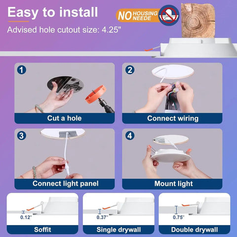 Installation steps for Six Inch Bluetooth Dimmable Recessed Ceiling Light With Adjustable CCT 2700K To 5700K High Brightness 1350 Lumen 16W