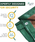 Folded Heavy Duty Waterproof Tarp 20x25 Ft Reversible Green And Brown 12 Mil Thick Poly Sheet with grommets, close-up view.