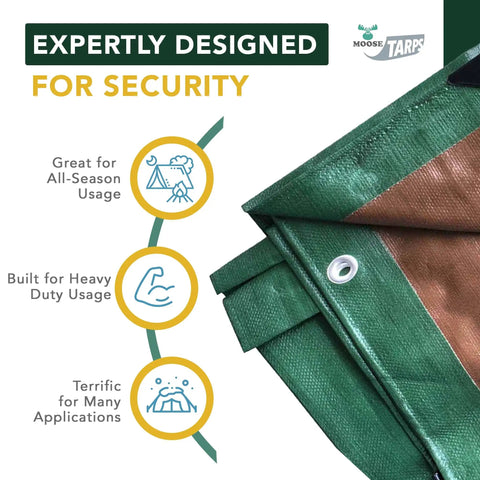 Folded Heavy Duty Waterproof Tarp 20x25 Ft Reversible Green And Brown 12 Mil Thick Poly Sheet with grommets, close-up view.