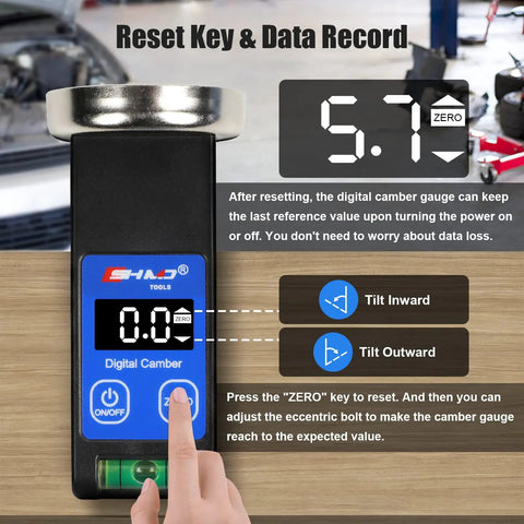 Shop Tested Digital Camber Gauge For Car Alignment Plus Suspension Tuning Arrives With Instant Angle Meter and Rock Solid Magnet, showing reset key and data display.
