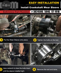 All-In-One Front Cover Crankshaft Seal Installer Kit With 5046 Wear Sleeve Installer And 3802820 Oil Seal Kit Plus Killer Dowel Pin KDP Repair Kit For Cummins 3.9L 5.9L 6.7L Diesel Engines installation guide showing crankshaft wear sleeve.