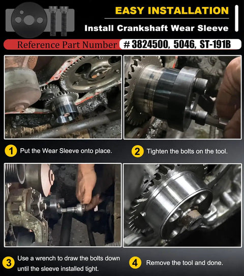 All-In-One Front Cover Crankshaft Seal Installer Kit With 5046 Wear Sleeve Installer And 3802820 Oil Seal Kit Plus Killer Dowel Pin KDP Repair Kit For Cummins 3.9L 5.9L 6.7L Diesel Engines installation guide showing crankshaft wear sleeve.