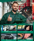 Mechanic in green uniform in workshop with car hood open; various images of E2000 Fuel Pump Electrical High Performance Replacement Kit for Ford vehicles.