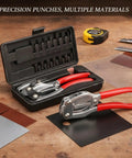 Heavy Duty 16 Piece Manual Hole Punch Plier Set For Leather, Sheet Metal, Rubber And Plastic with non-slip red handles on workbench
