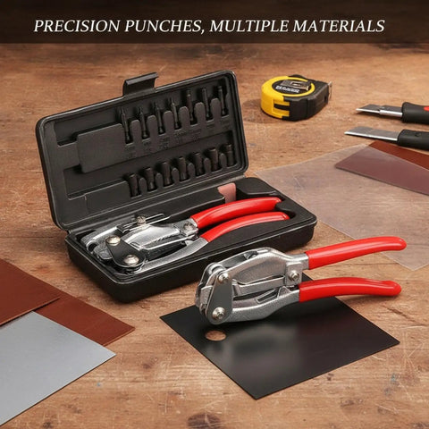 Heavy Duty 16 Piece Manual Hole Punch Plier Set For Leather, Sheet Metal, Rubber And Plastic with non-slip red handles on workbench