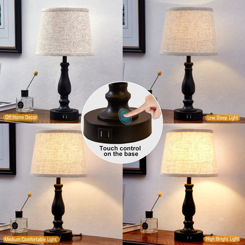 Cool Set Of 2 Table Lamps With USB Ports, Dimmable Touch Control, displayed with fabric shades and varying light intensities.