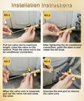 HVAC Valve Core Removal Tool Kit For Home Refrigeration, brass tool shown in installation steps on outdoor AC unit