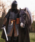 Medieval Belt Pouch Set With Leather Bracers And Hook Strap For Cosplay And Festival Gear worn by armored warrior with horse