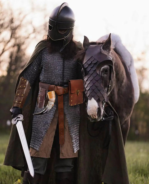 Medieval Belt Pouch Set With Leather Bracers And Hook Strap For Cosplay And Festival Gear worn by armored warrior with horse