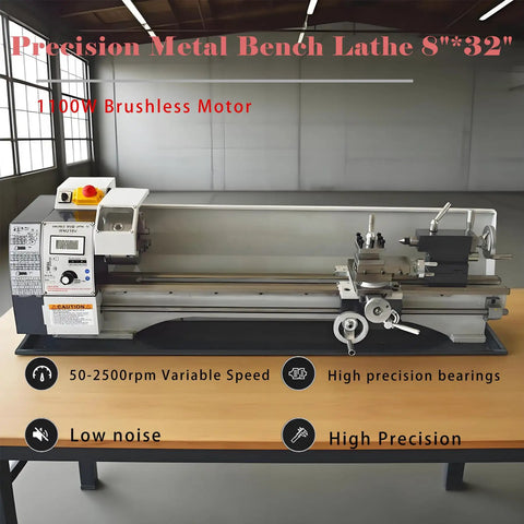 Jaryannix Metal Bench Lathe 8 by 32 Inch Mini Benchtop Engine Turner With Electronic Variable Speed Control Up To 2500 Rpm showing 1100W motor and features on a workbench.