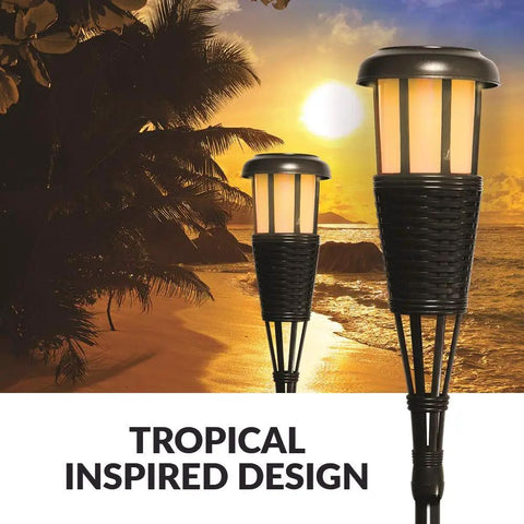 4 Pack Solar Powered Flickering Flame Outdoor Island Torches With Realistic Dancing Flame LED Safety Lighting at sunset