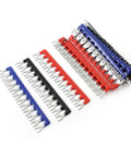 Heavy Duty 12 Position Fork Jumper Terminal Strip Blocks 15 Pack Slick Electric Distribution Connectors in red, blue, and black.