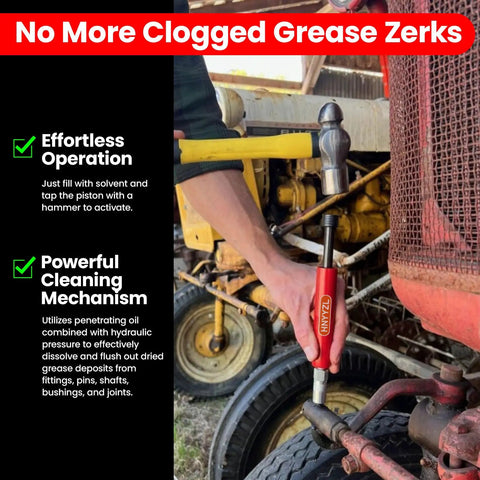 Using Grease Fitting Cleaning Tool For Quick Clog Removal With Penetrating Fluid And Hydraulic Flush on machinery.