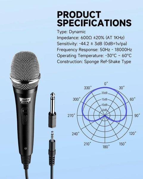 Dynamic Karaoke Microphone With 13 Foot Cable, All Metal Handheld Cardioid XLR Mic For Singing, specifications shown.
