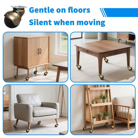 Hella Sturdy 2 Inch Ball Casters Paired With Soft TPR Wheels And Heavy Gauge Brass Plates For No Sweat Furniture Sliding set of four on various furniture.